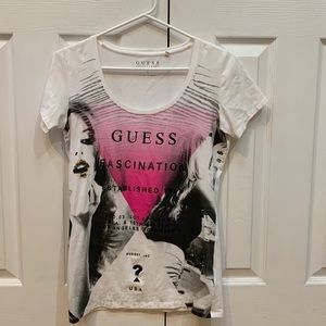Guess brand T-shirt. White with black and pink design. Size large